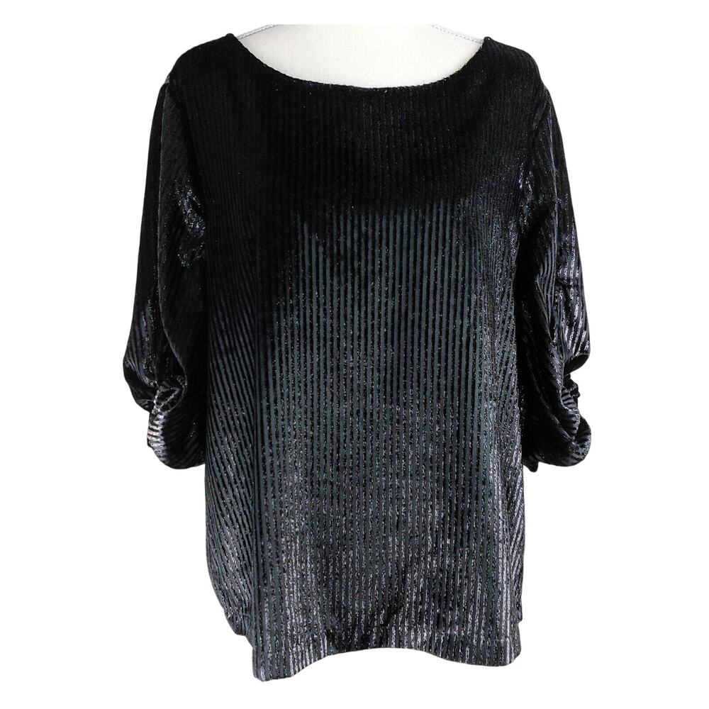 Gibson Latimer Black Sparkle Velvet Blouse Medium NWT Twisted Sleeve Burnout